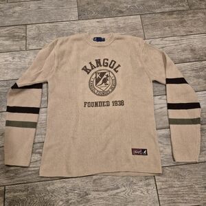 Vintage Kangol Sweater Men’s M Beige Spellout Logo Striped Sleeve Y2K Streetwear